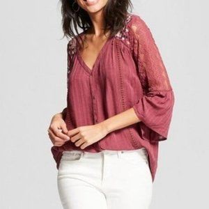 Embroidered Lace Arm Button Front Top-79-99